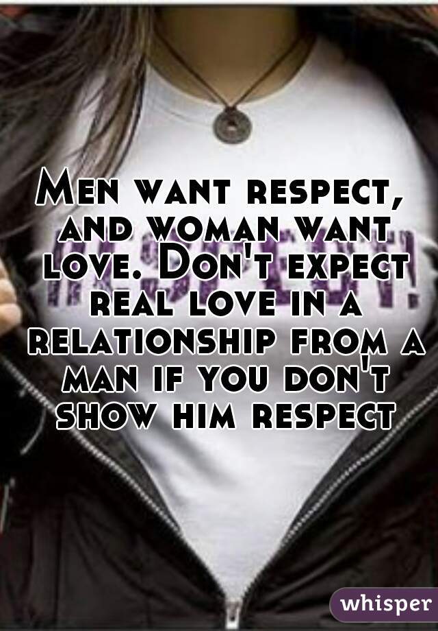 Men want respect, and woman want love. Don't expect real love in a relationship from a man if you don't show him respect