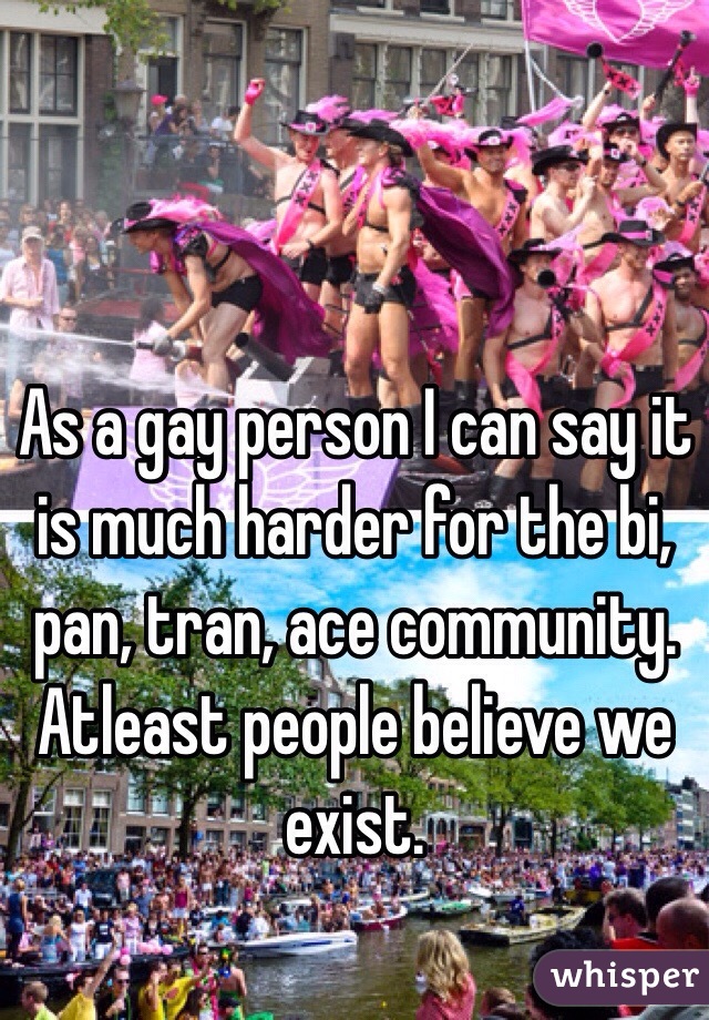 As a gay person I can say it is much harder for the bi, pan, tran, ace community. Atleast people believe we exist. 