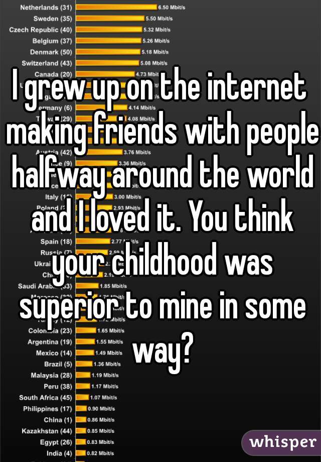 I grew up on the internet making friends with people halfway around the world and I loved it. You think your childhood was superior to mine in some way?