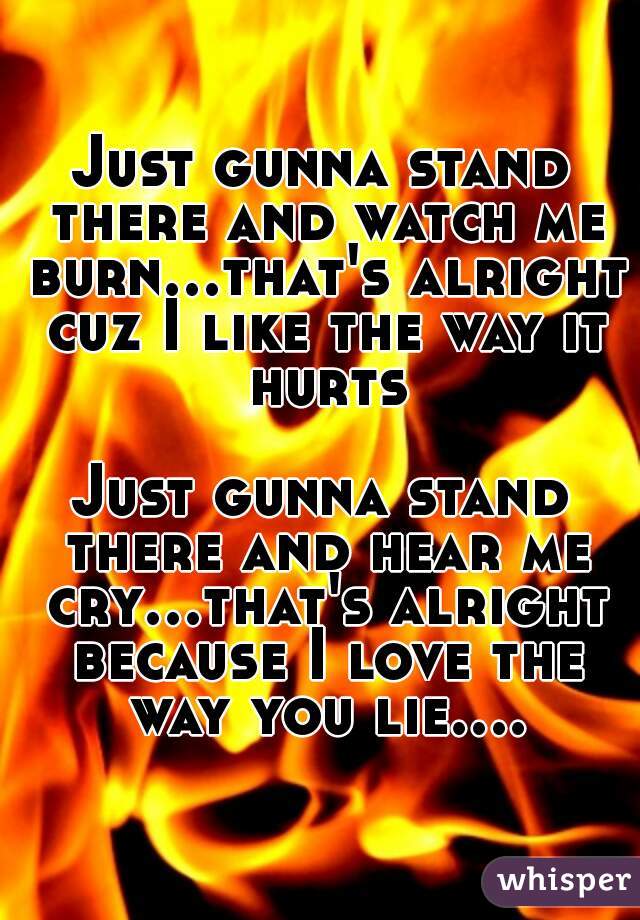Just gunna stand there and watch me burn...that's alright cuz I like the way it hurts

Just gunna stand there and hear me cry...that's alright because I love the way you lie....