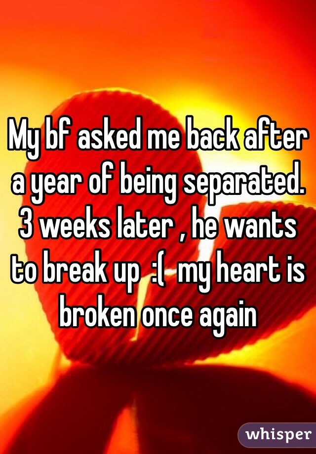 My bf asked me back after a year of being separated. 3 weeks later , he wants to break up  :(  my heart is broken once again 