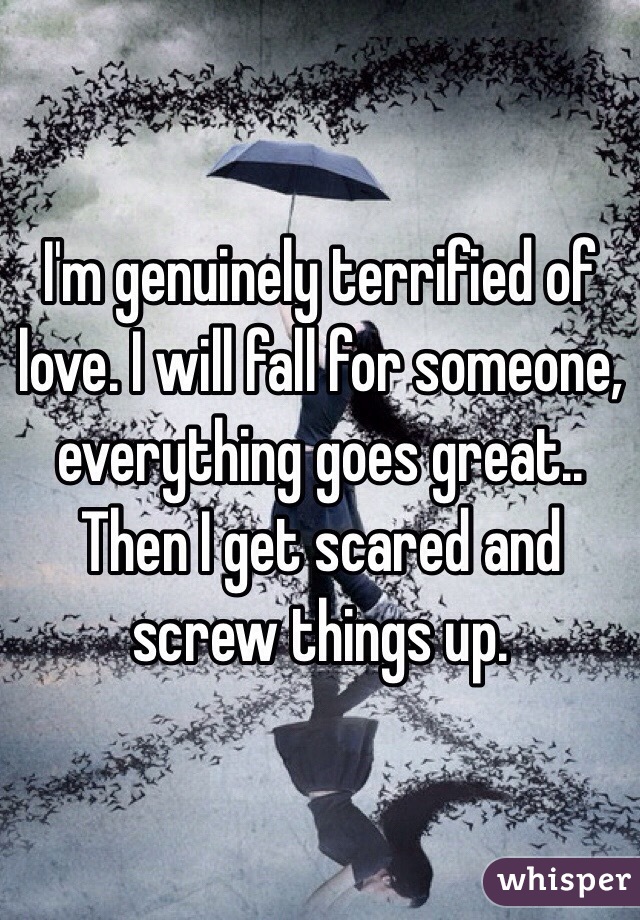 I'm genuinely terrified of love. I will fall for someone, everything goes great.. Then I get scared and screw things up. 