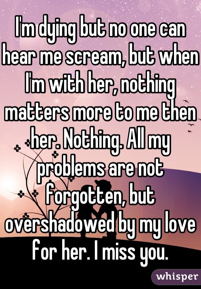 I'm dying but no one can hear me scream, but when I'm with her, nothing matters more to me then her. Nothing. All my problems are not forgotten, but overshadowed by my love for her. I miss you.