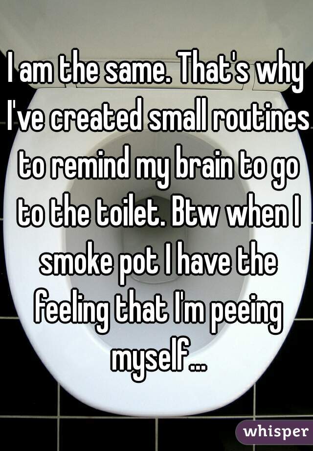 I am the same. That's why I've created small routines to remind my brain to go to the toilet. Btw when I smoke pot I have the feeling that I'm peeing myself...