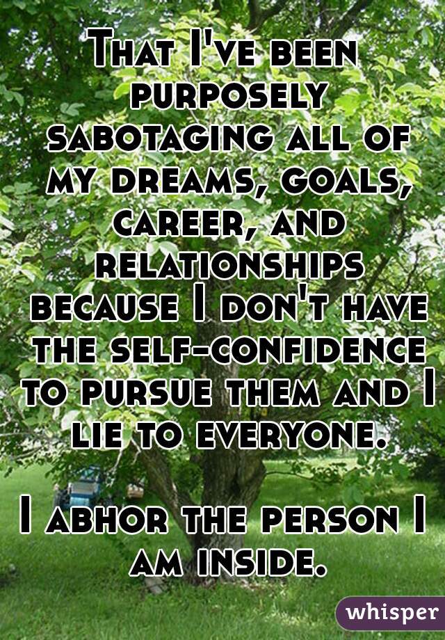 That I've been purposely sabotaging all of my dreams, goals, career, and relationships because I don't have the self-confidence to pursue them and I lie to everyone.

I abhor the person I am inside.