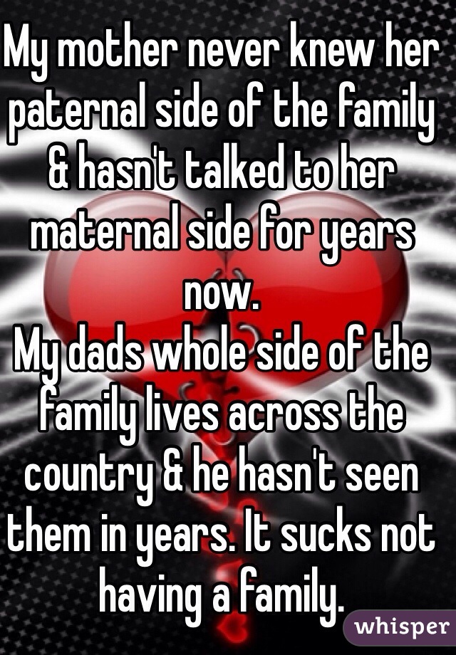 My mother never knew her paternal side of the family & hasn't talked to her maternal side for years now.
My dads whole side of the family lives across the country & he hasn't seen them in years. It sucks not having a family.