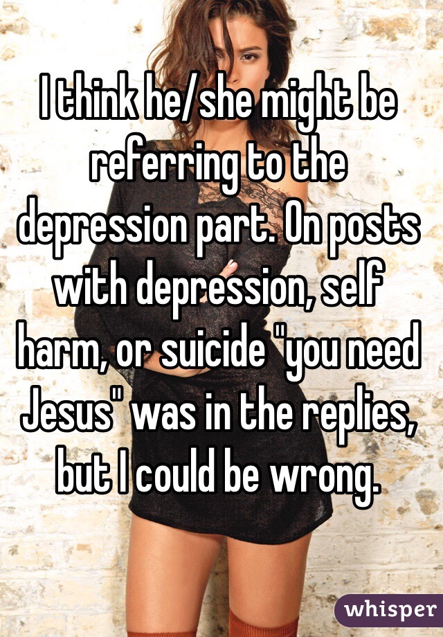 I think he/she might be referring to the depression part. On posts with depression, self harm, or suicide "you need Jesus" was in the replies, but I could be wrong.