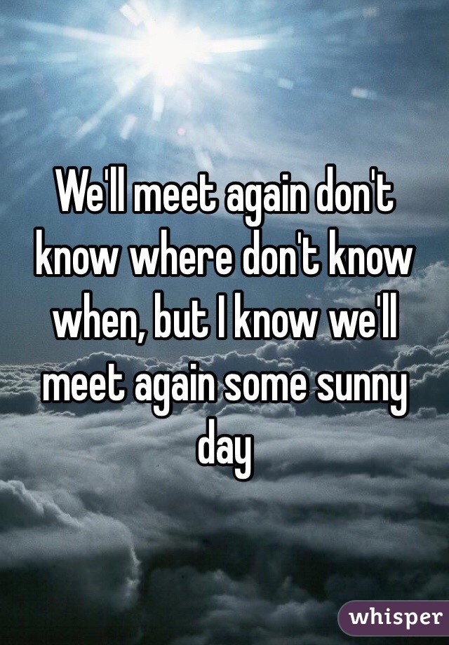 Will meet again. We ll meet again don't know where. We'll meet again don't know where don't. We'll meet again текст. We'll meet again don't know where don't know when but i know we'll meet again some Sunny Day.