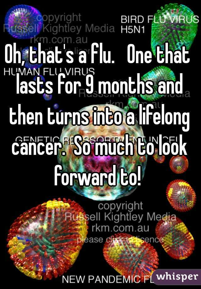 Oh, that's a flu.   One that lasts for 9 months and then turns into a lifelong cancer.  So much to look forward to! 