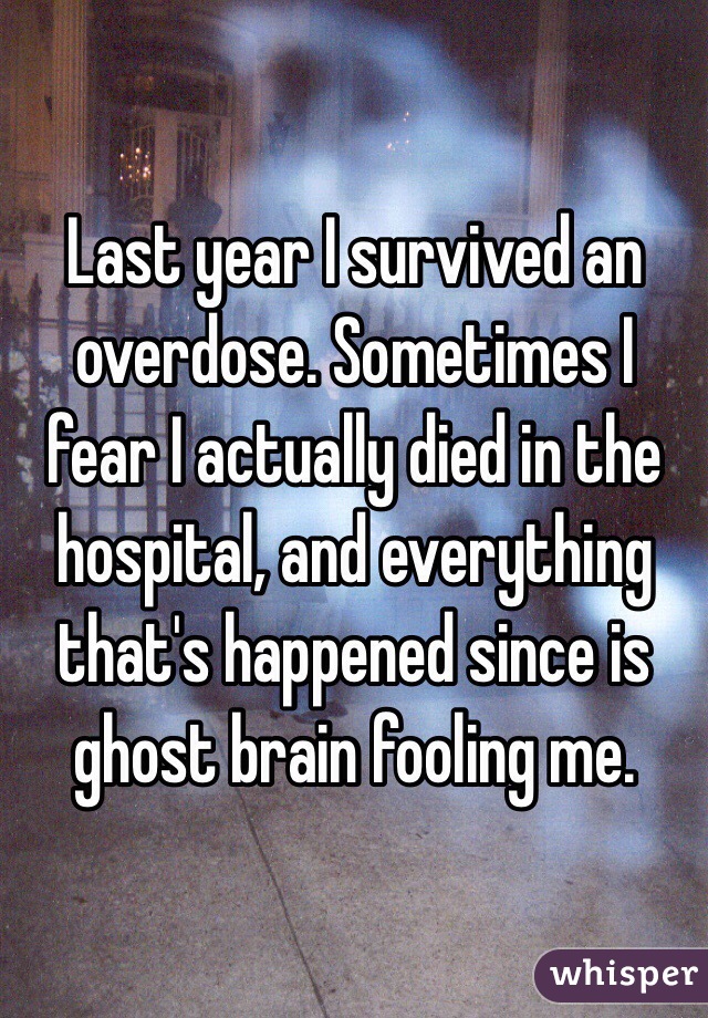 Last year I survived an overdose. Sometimes I fear I actually died in the hospital, and everything that's happened since is ghost brain fooling me. 