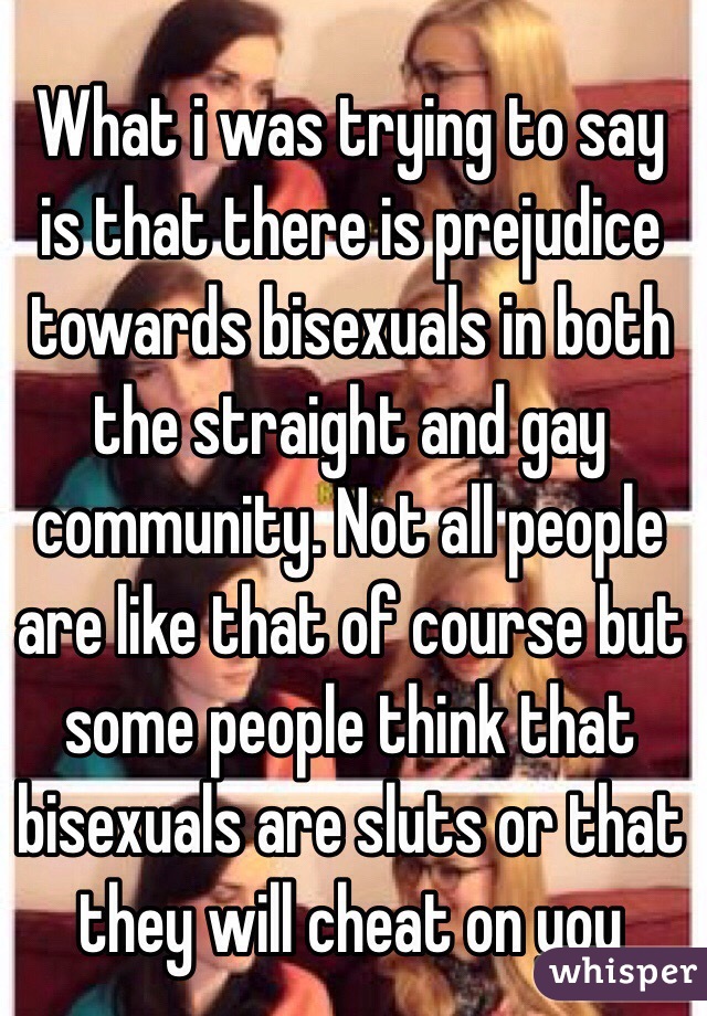 What i was trying to say is that there is prejudice towards bisexuals in both the straight and gay community. Not all people are like that of course but some people think that bisexuals are sluts or that they will cheat on you  