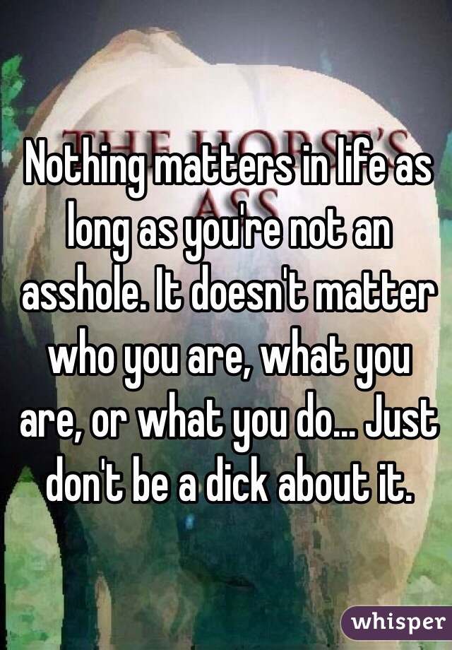 Nothing matters in life as long as you're not an asshole. It doesn't matter who you are, what you are, or what you do... Just don't be a dick about it.