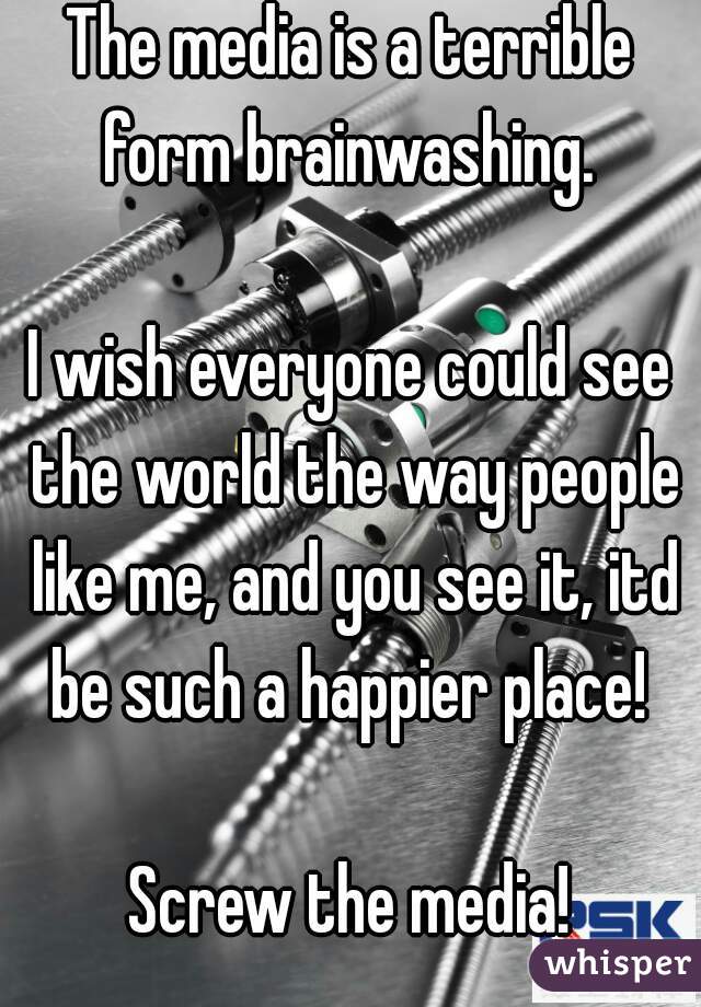 The media is a terrible form brainwashing. 

I wish everyone could see the world the way people like me, and you see it, itd be such a happier place! 

Screw the media!