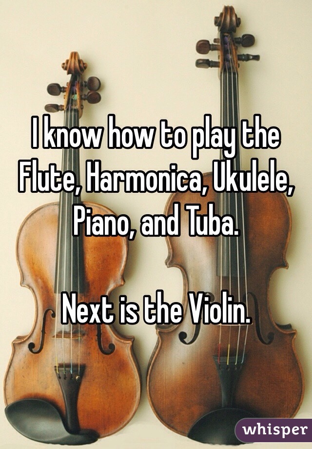 I know how to play the Flute, Harmonica, Ukulele, Piano, and Tuba. 

Next is the Violin. 