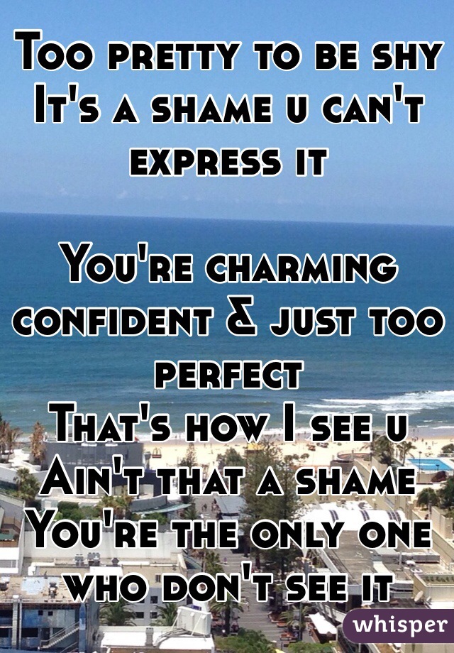 Too pretty to be shy
It's a shame u can't express it
 
You're charming confident & just too perfect 
That's how I see u
Ain't that a shame
You're the only one who don't see it
