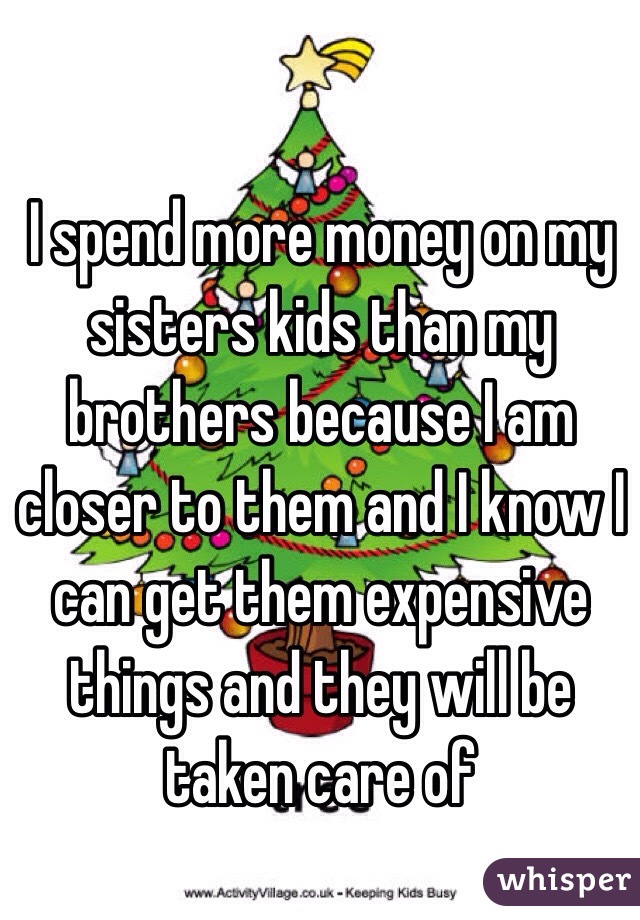 I spend more money on my sisters kids than my brothers because I am closer to them and I know I can get them expensive things and they will be taken care of 