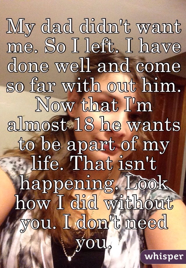 My dad didn't want me. So I left. I have done well and come so far with out him. Now that I'm almost 18 he wants to be apart of my life. That isn't happening. Look how I did without you. I don't need you. 