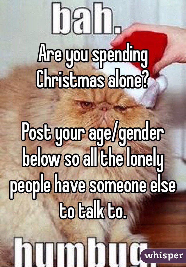 Are you spending Christmas alone?

Post your age/gender below so all the lonely people have someone else to talk to. 