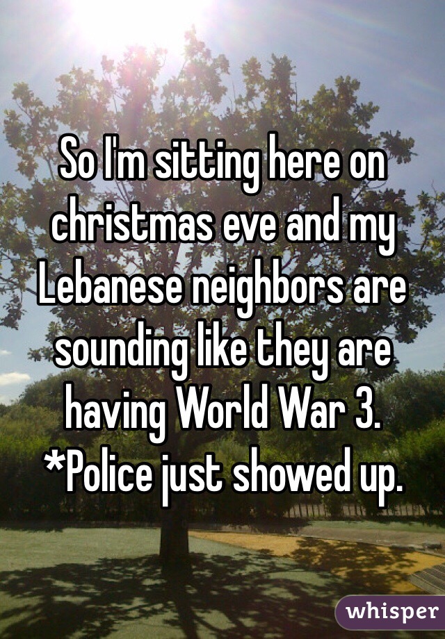 So I'm sitting here on christmas eve and my Lebanese neighbors are sounding like they are having World War 3. *Police just showed up.