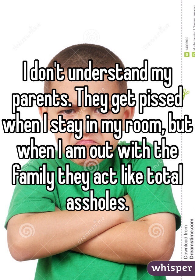 I don't understand my parents. They get pissed when I stay in my room, but when I am out with the family they act like total assholes.