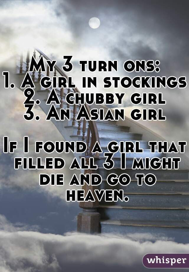 My 3 turn ons:
1. A girl in stockings
2. A chubby girl
3. An Asian girl

If I found a girl that filled all 3 I might die and go to heaven.