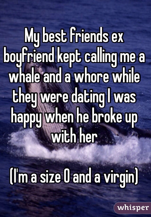 My best friends ex boyfriend kept calling me a whale and a whore while they were dating I was happy when he broke up with her 

(I'm a size 0 and a virgin)
