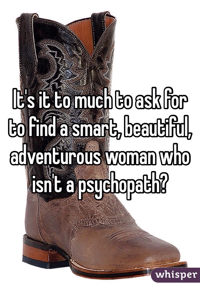 It's it to much to ask for to find a smart, beautiful, adventurous woman who isn't a psychopath?