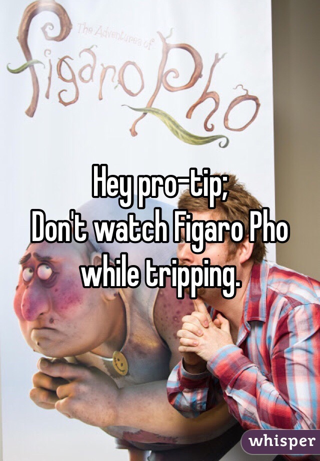 Hey pro-tip;
Don't watch Figaro Pho while tripping.