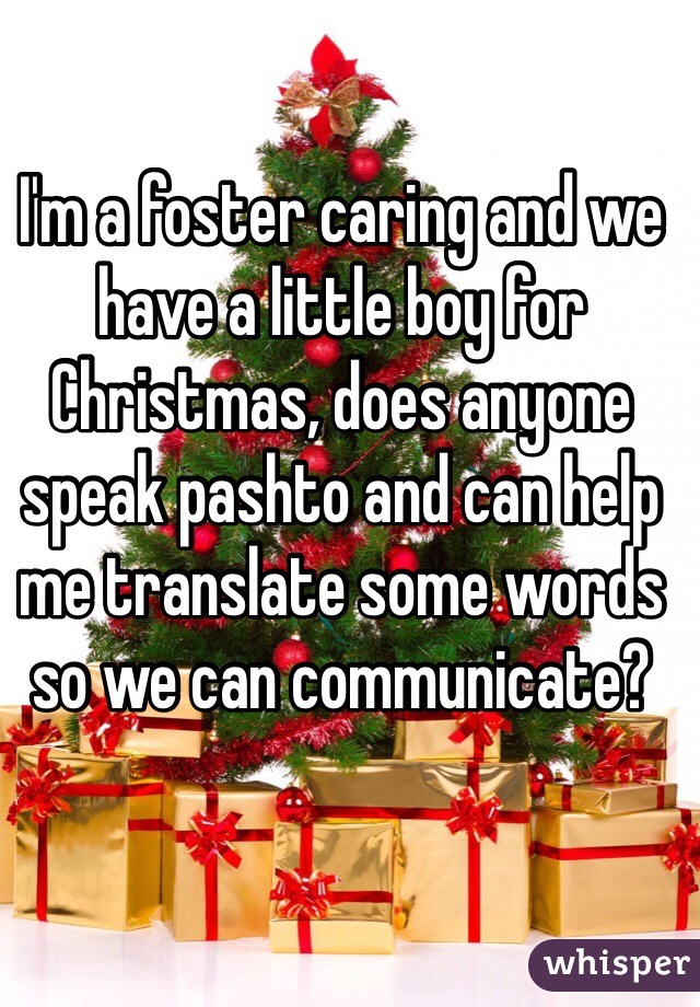 I'm a foster caring and we have a little boy for Christmas, does anyone speak pashto and can help me translate some words so we can communicate?