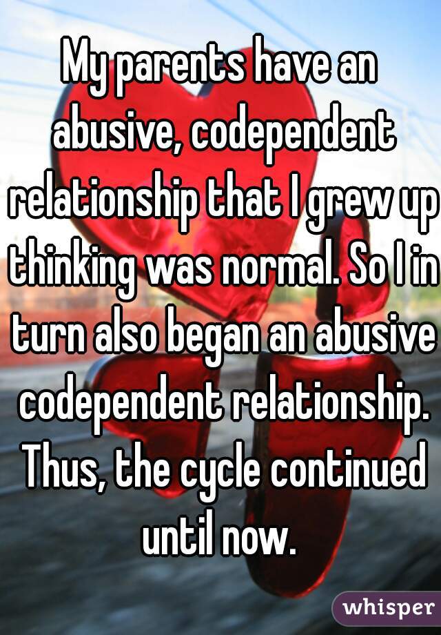 My parents have an abusive, codependent relationship that I grew up thinking was normal. So I in turn also began an abusive codependent relationship. Thus, the cycle continued until now. 