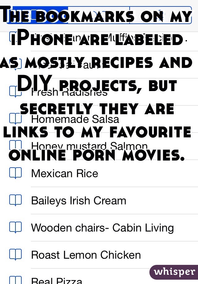 The bookmarks on my iPhone are labeled as mostly recipes and DIY projects, but secretly they are links to my favourite online porn movies. 