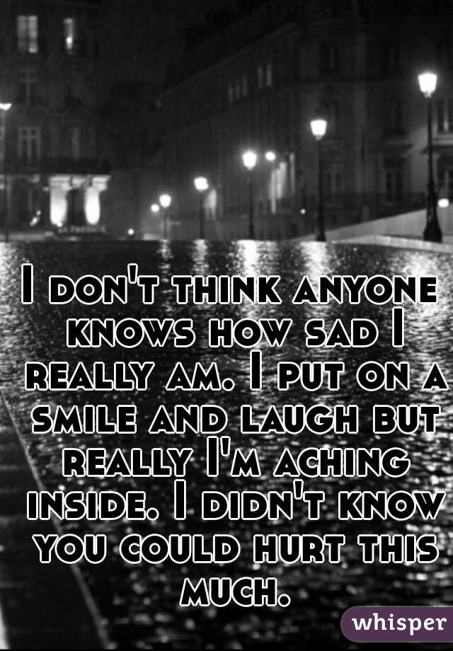 I don't think anyone knows how sad I really am. I put on a smile and laugh but really I'm aching inside. I didn't know you could hurt this much.