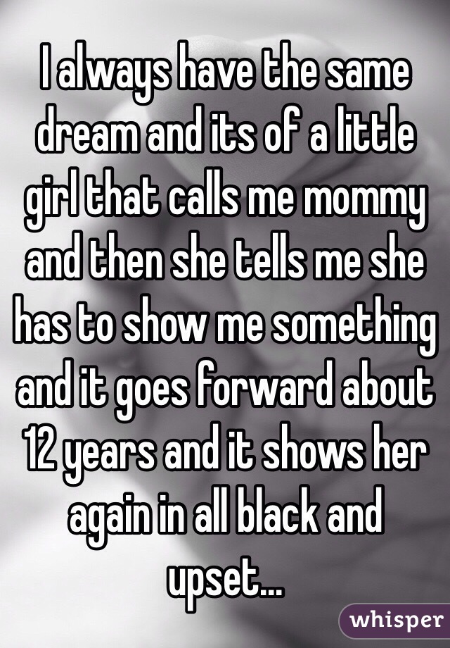 I always have the same dream and its of a little girl that calls me mommy and then she tells me she has to show me something and it goes forward about 12 years and it shows her again in all black and upset... 