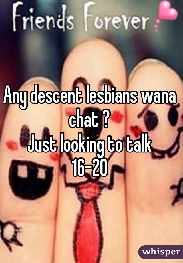 Any descent lesbians wana chat ? 
Just looking to talk 
16-20 
