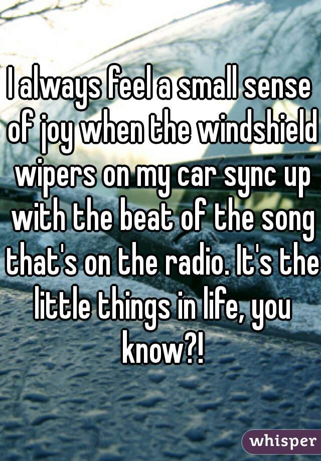 I always feel a small sense of joy when the windshield wipers on my car sync up with the beat of the song that's on the radio. It's the little things in life, you know?!