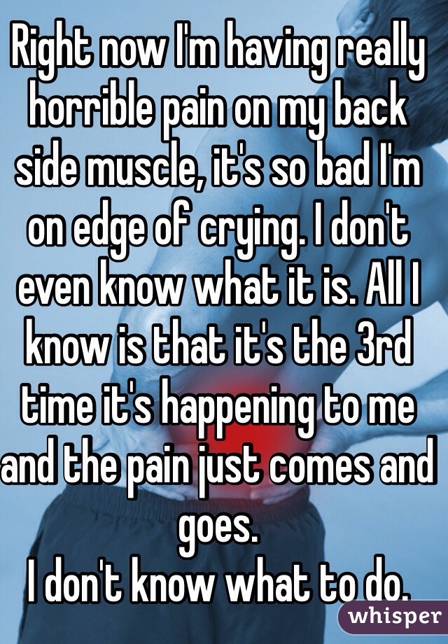 Right now I'm having really horrible pain on my back side muscle, it's so bad I'm on edge of crying. I don't even know what it is. All I know is that it's the 3rd time it's happening to me and the pain just comes and goes.
I don't know what to do.