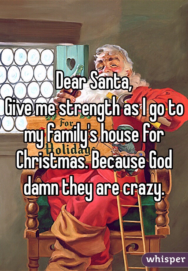 Dear Santa,
Give me strength as I go to my family's house for Christmas. Because God damn they are crazy.