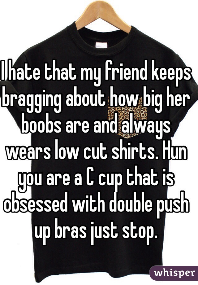 I hate that my friend keeps bragging about how big her boobs are and always wears low cut shirts. Hun you are a C cup that is obsessed with double push up bras just stop. 