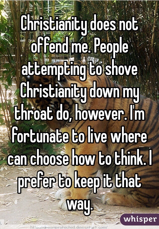 Christianity does not offend me. People attempting to shove Christianity down my throat do, however. I'm fortunate to live where can choose how to think. I prefer to keep it that way. 