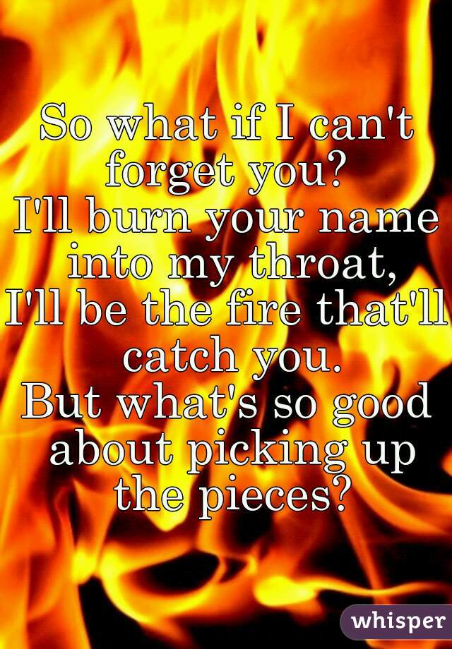 So what if I can't forget you? 
I'll burn your name into my throat,
I'll be the fire that'll catch you.
But what's so good about picking up the pieces?