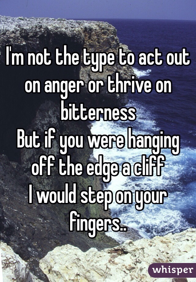 I'm not the type to act out on anger or thrive on bitterness
But if you were hanging off the edge a cliff
I would step on your fingers..