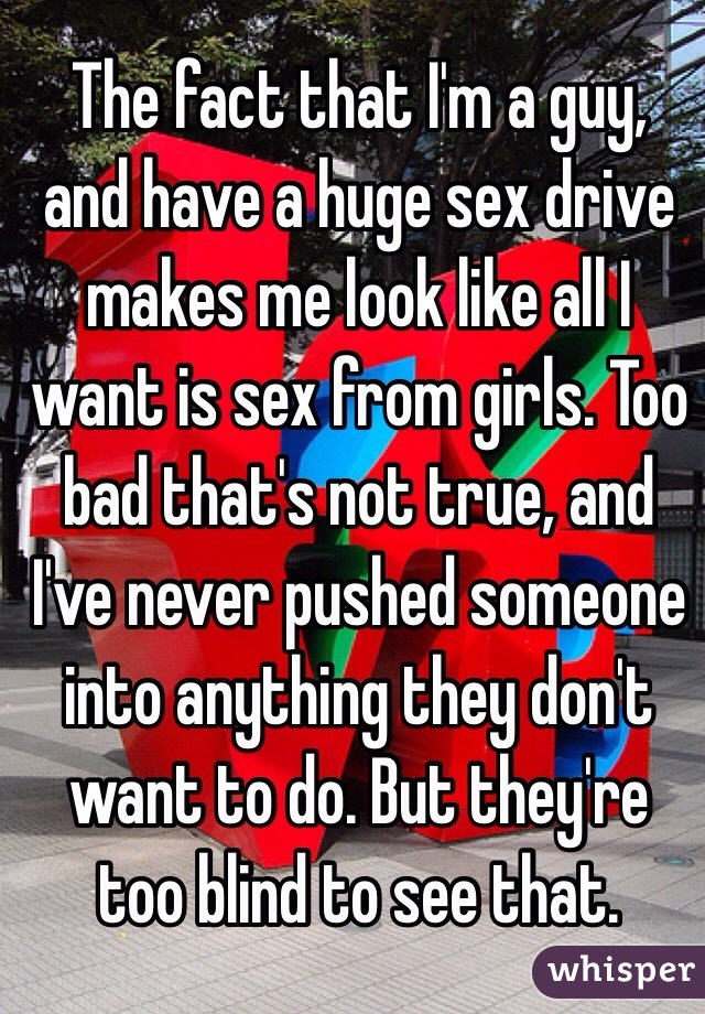 The fact that I'm a guy, and have a huge sex drive makes me look like all I want is sex from girls. Too bad that's not true, and I've never pushed someone into anything they don't want to do. But they're too blind to see that. 