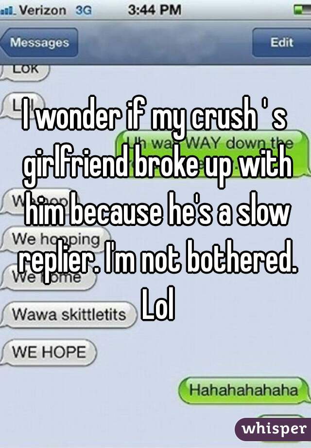 I wonder if my crush ' s girlfriend broke up with him because he's a slow replier. I'm not bothered. Lol