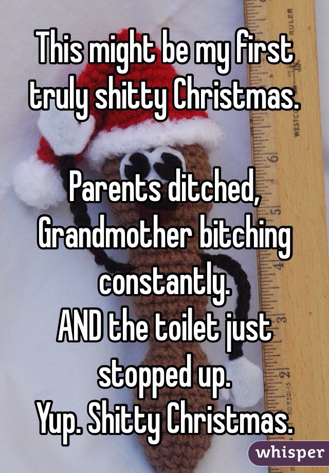 This might be my first truly shitty Christmas.

Parents ditched, Grandmother bitching constantly.
AND the toilet just stopped up.
Yup. Shitty Christmas.