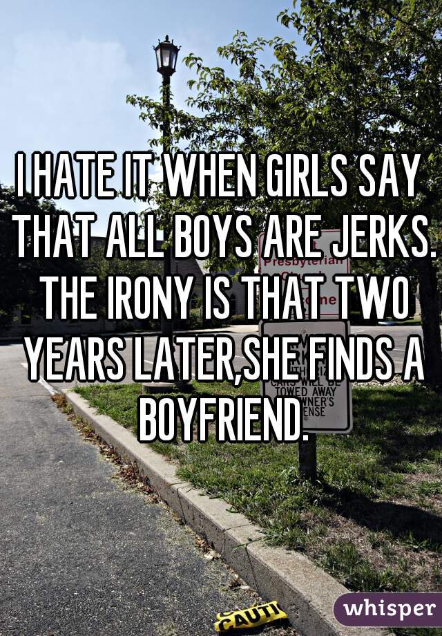 I HATE IT WHEN GIRLS SAY THAT ALL BOYS ARE JERKS. THE IRONY IS THAT TWO YEARS LATER,SHE FINDS A BOYFRIEND.