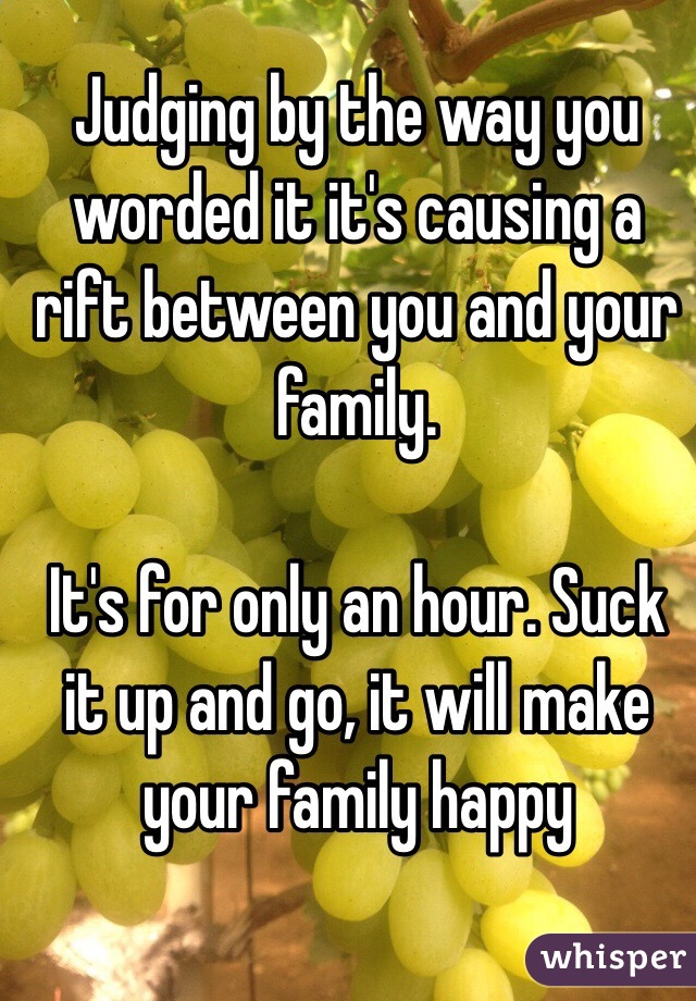 Judging by the way you worded it it's causing a rift between you and your family.

It's for only an hour. Suck it up and go, it will make your family happy