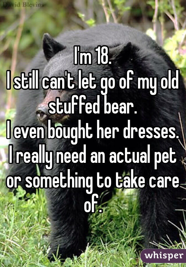 I'm 18.
I still can't let go of my old stuffed bear.
I even bought her dresses.
I really need an actual pet or something to take care of.