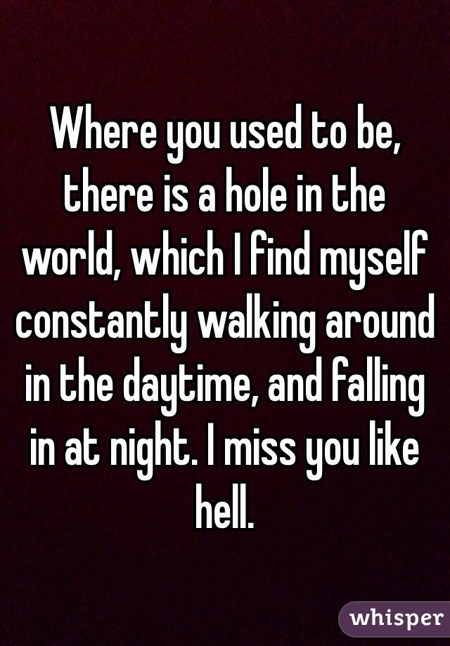 Where you used to be, there is a hole in the world, which I find myself constantly walking around in the daytime, and falling in at night. I miss you like hell.