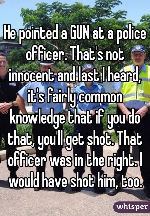 He pointed a GUN at a police officer. That's not innocent and last I heard, it's fairly common knowledge that if you do that, you'll get shot. That officer was in the right. I would have shot him, too. 