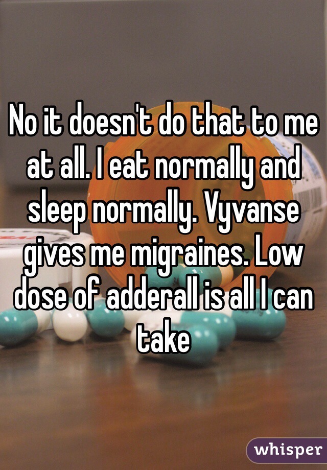 No it doesn't do that to me at all. I eat normally and sleep normally. Vyvanse gives me migraines. Low dose of adderall is all I can take 